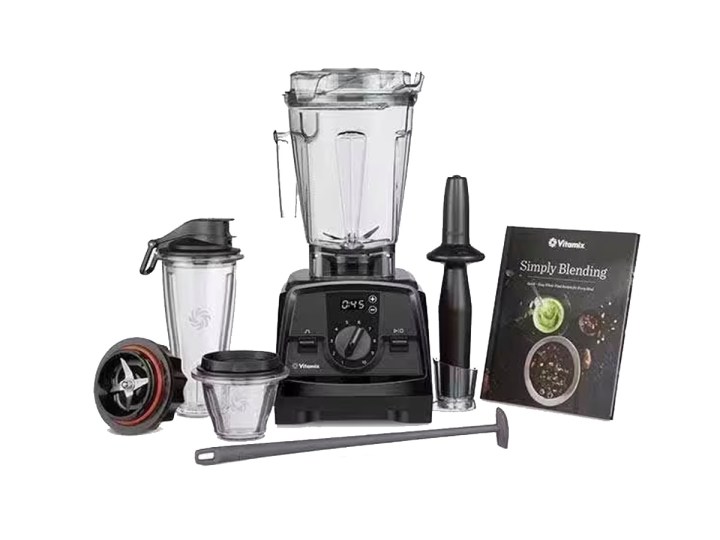 The Vitamix V1200 blender and Super Pack accessories against a white background.