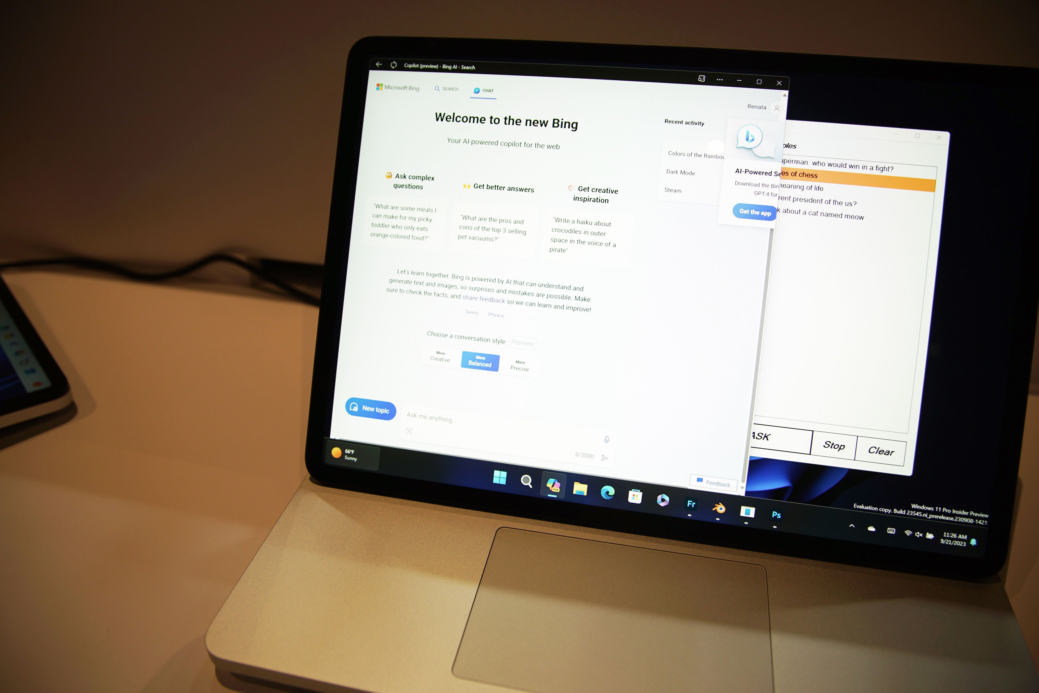 नया बिंग चैट माइक्रोसॉफ्ट लैपटॉप स्टूडियो 2 पर चल रहा है।