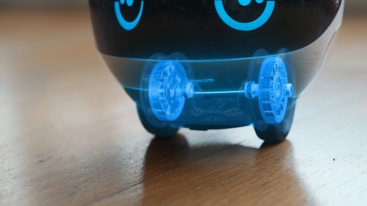 The EBO X self-stabilizing wheels glowing blue.