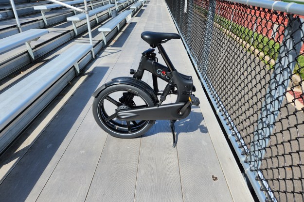 When it's folded the GoCycle G4 e-bike can rest on the center stand - the pedals also fold in.