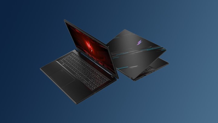 Two Acer gaming laptops over a dark blue background.