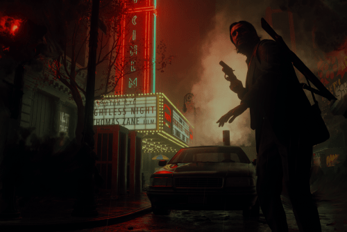 Alan Wake stands in front of a movie theater in Alan Wake 2.