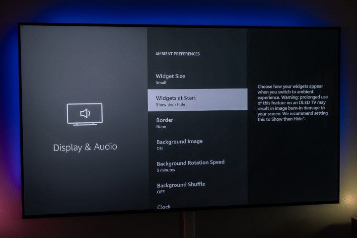 Un avviso relativo al burn-in dell'OLED nelle impostazioni Ambient Experience di Amazon Fire TV.
