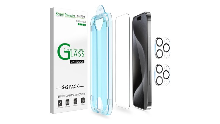 amFilm One Touch screen protector and camera lens protectors for iPhone 15 Pro.