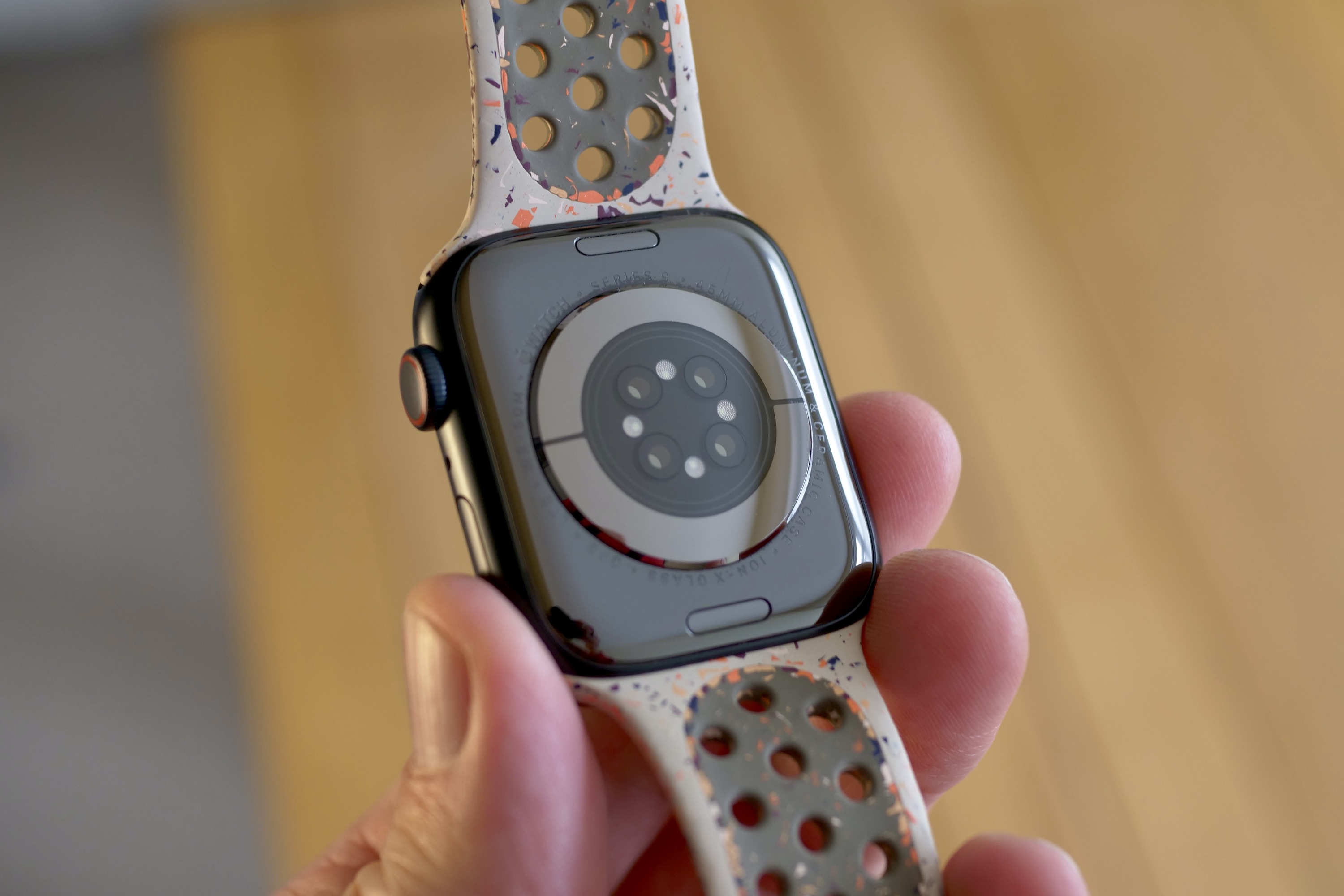 The Apple Watch Series 9's case back and sensors.