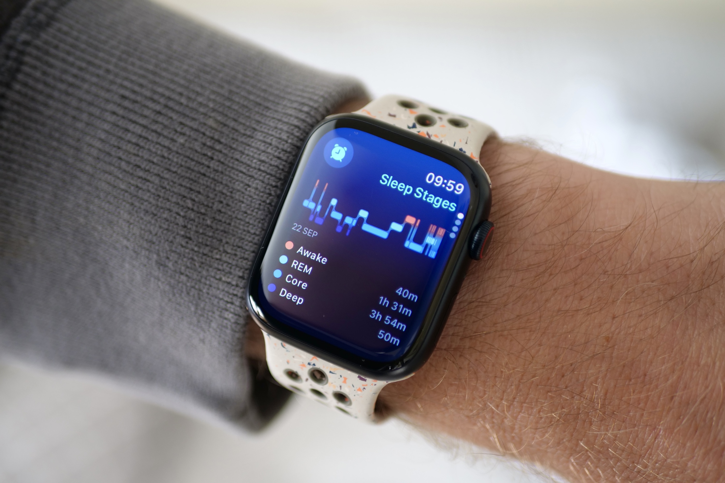 The Apple Watch Series 9 showing the sleep tracking data.
