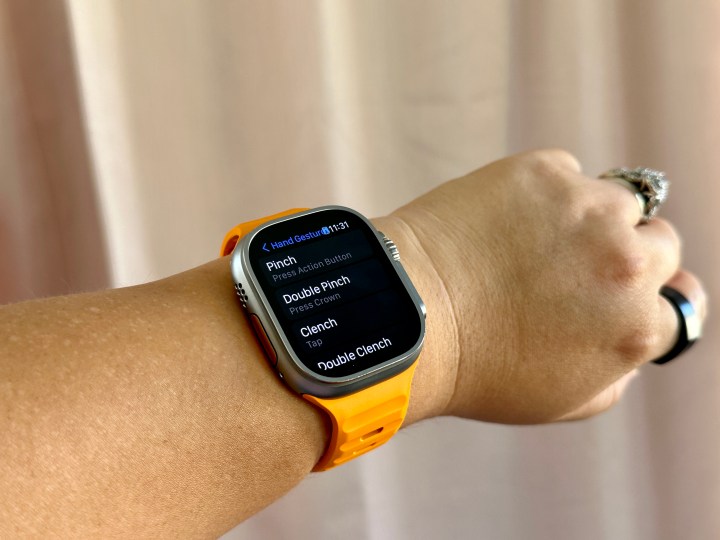 An Apple Watch Ultra showing off the AssistiveTouch Hand Gestures screen.