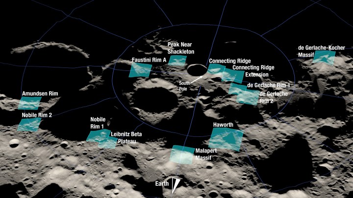 Voici un rendu de 13 régions d'atterrissage candidates pour Artemis III. Chaque région mesure environ 9,3 milles sur 9,3 milles (15 kilomètres sur 15). Un site d'atterrissage est un emplacement dans ces régions avec un rayon d'environ 328 pieds (100 mètres).