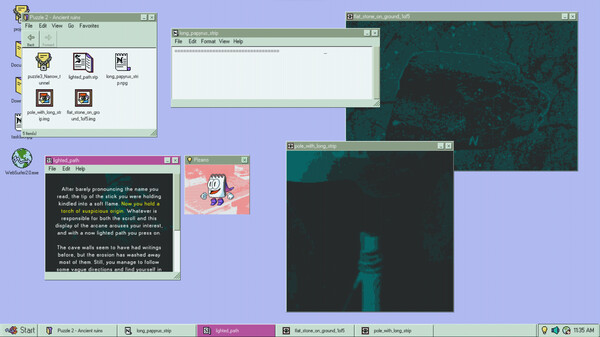 A desktop similar to an old windows or apple machine has several apps open, including a dark and creepy adventure game in Desktop Explorer.
