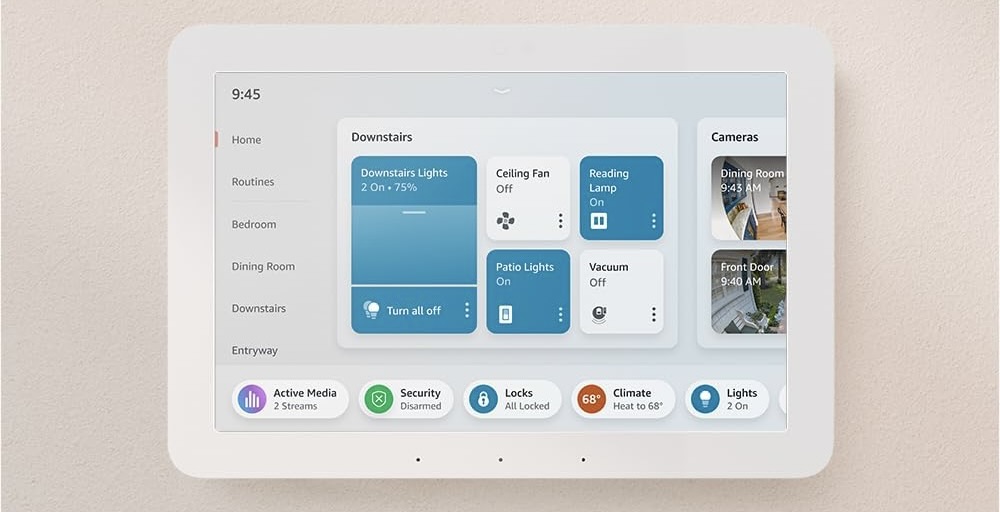 The Echo Hub showing smart home widgets.