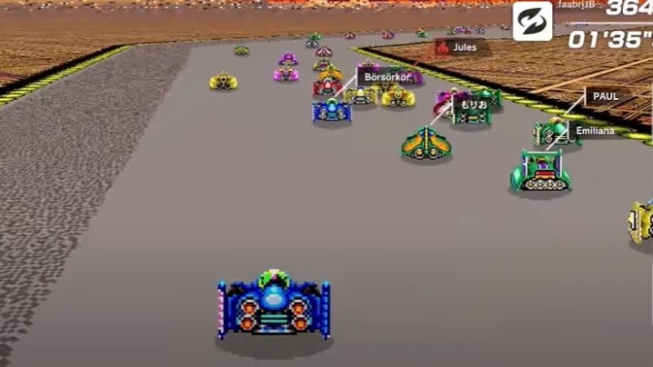 Cars drive past each other in F-Zero 99.