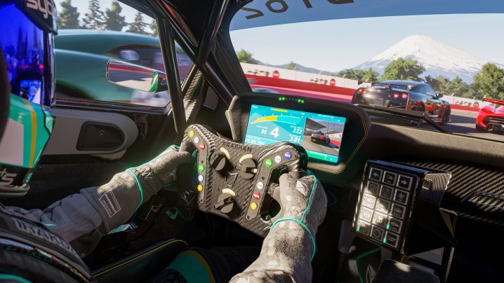 A driver holds a steering wheel in Forza Motorsport.