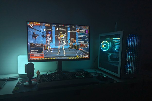 A gaming PC with RGB synced lights running Apex Legends.