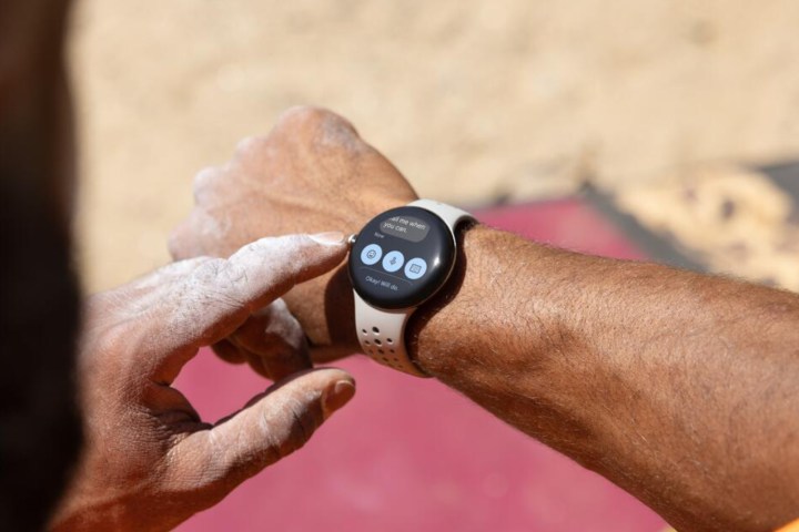 Someone using the Google Pixel Watch 2 on a beach.