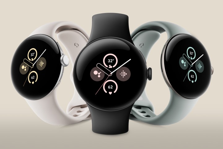 All three colors of the Google Pixel Watch 2 lined up together.