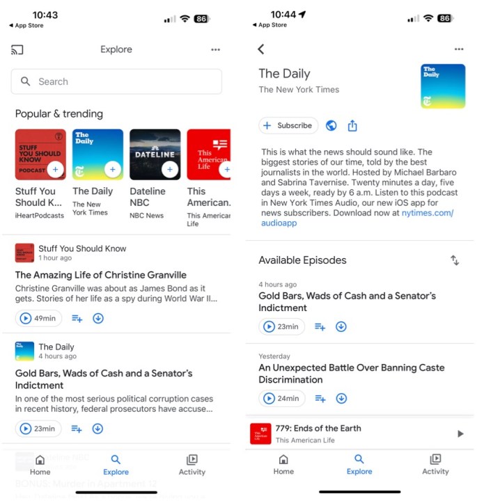 Dos capturas de pantalla que muestran la aplicación Google Podcasts en iOS.