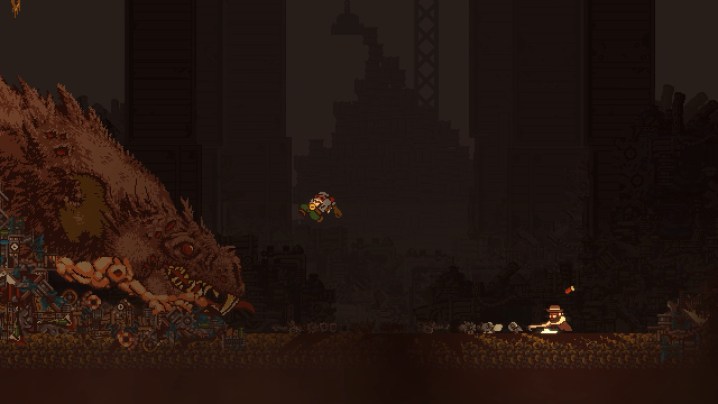 Le personnage principal de Gunbrella affronte un patron dinosaure.