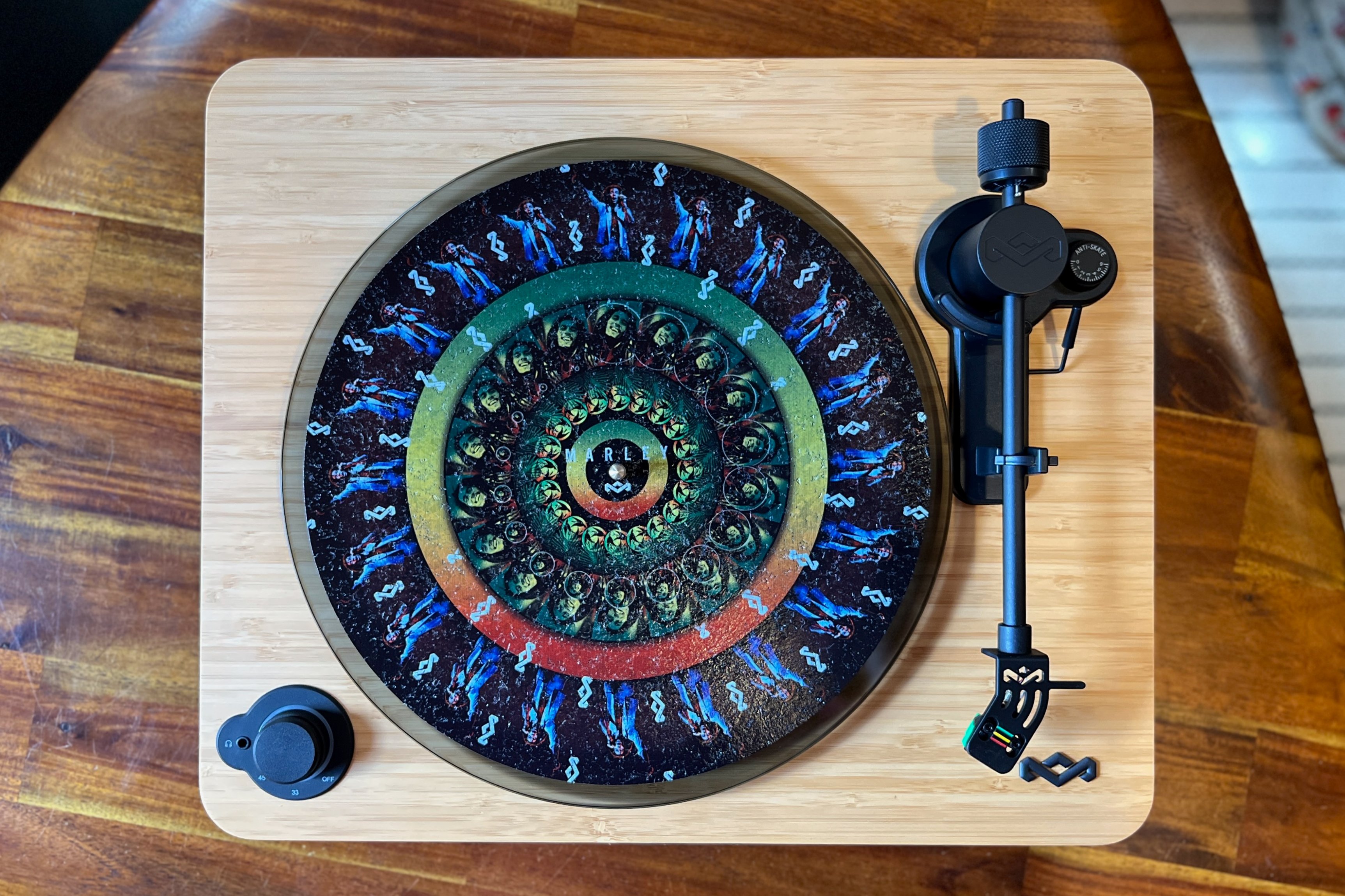 The House of Marley Stir It Up Lux Bluetooth turntable with the zoetrope slip mat.