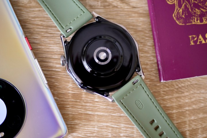 The Huawei Watch GT 4's case back and sensor array.