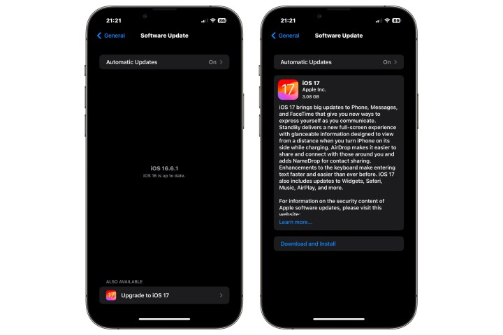 Dos iPhones que muestran los pasos para actualizar de iOS 16.6.1 a iOS 17.