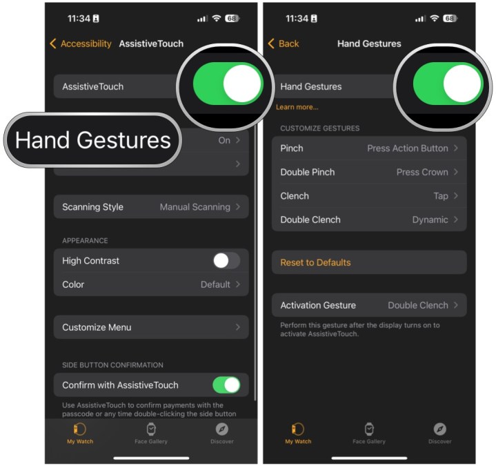 Select toggle for AssistiveTouch to ON, then select Hand Gestures, select toggle to ON, then customize your four gesture actions and activation gesture.