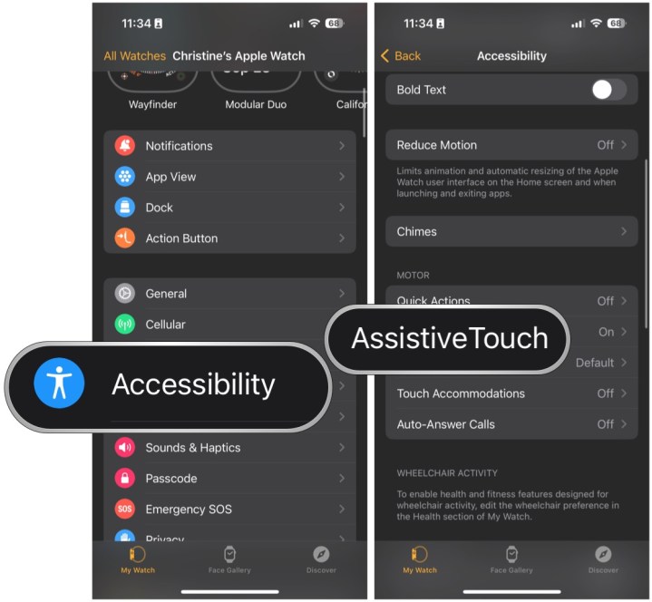 On iOS, launch Watch app, select Accessibility, select AssistiveTouch.