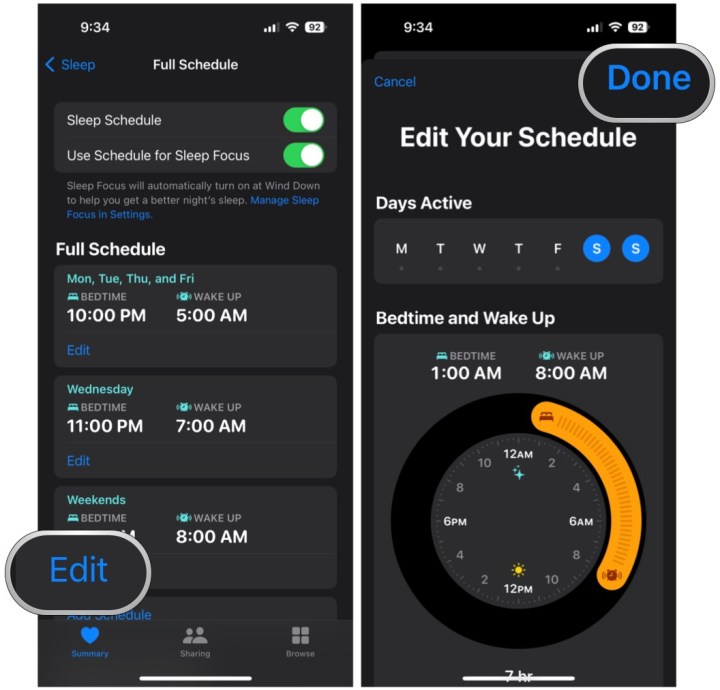 Sleep schedule settings on an iPhone.