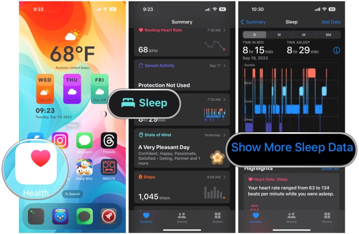 Launch Health app on iOS, select Sleep, view data or select View More Sleep Data for more detailed views.