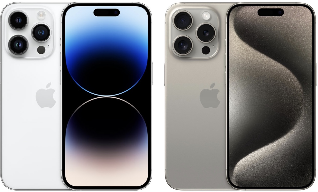 Side by side comparison of the iPhone 14 Pro vs. iPhone 15 Pro.