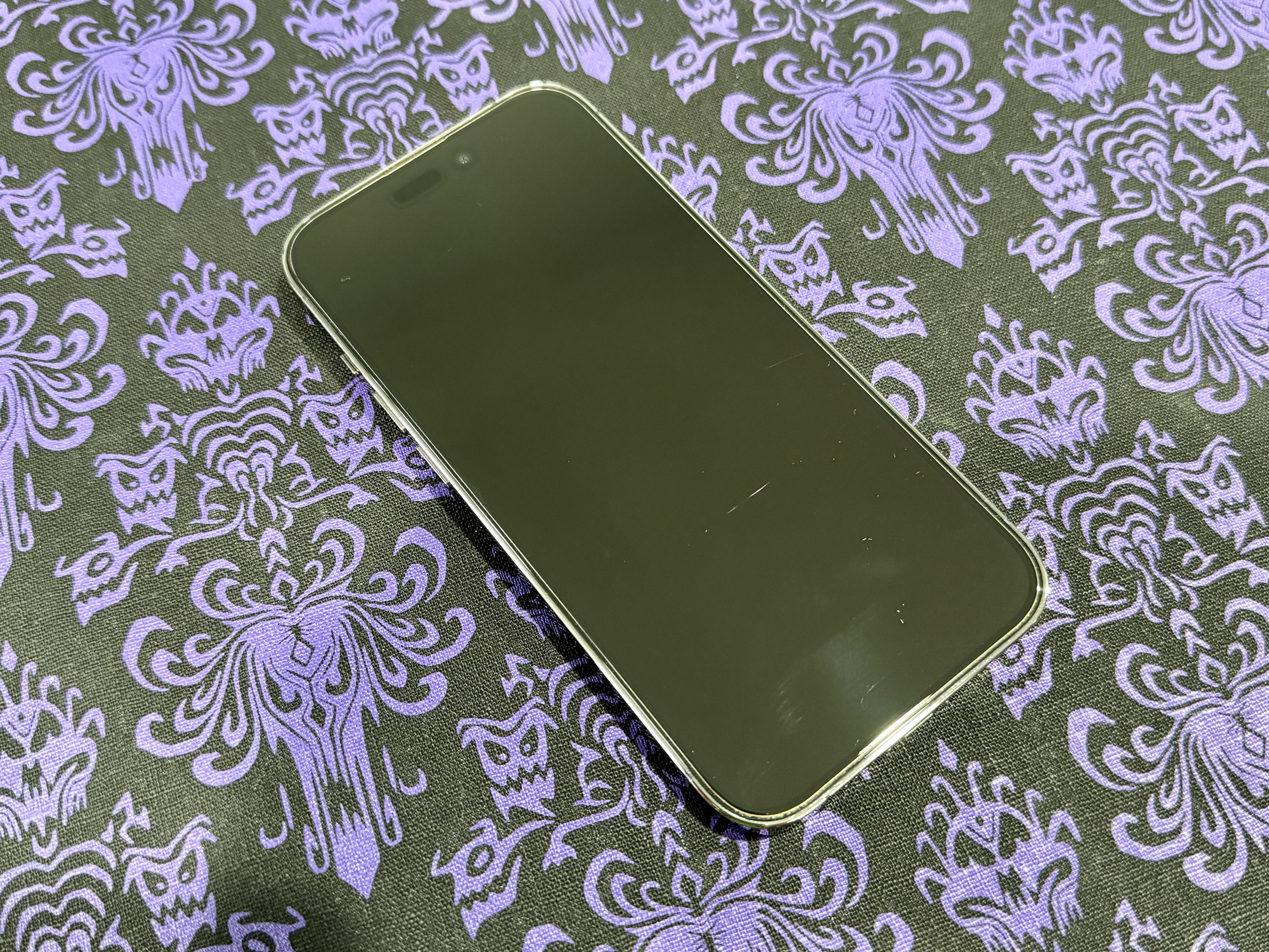 Scratches are seen on a screen protector on Christine's iPhone 14 Pro.