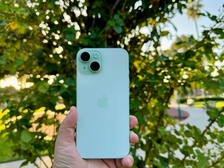 A green iPhone 15 in hand in front of plant.