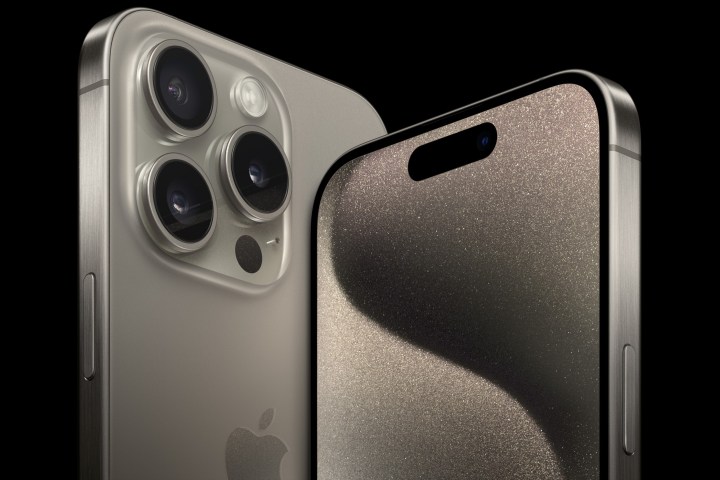Close-up front and rear view of the iPhone 15 Pro.