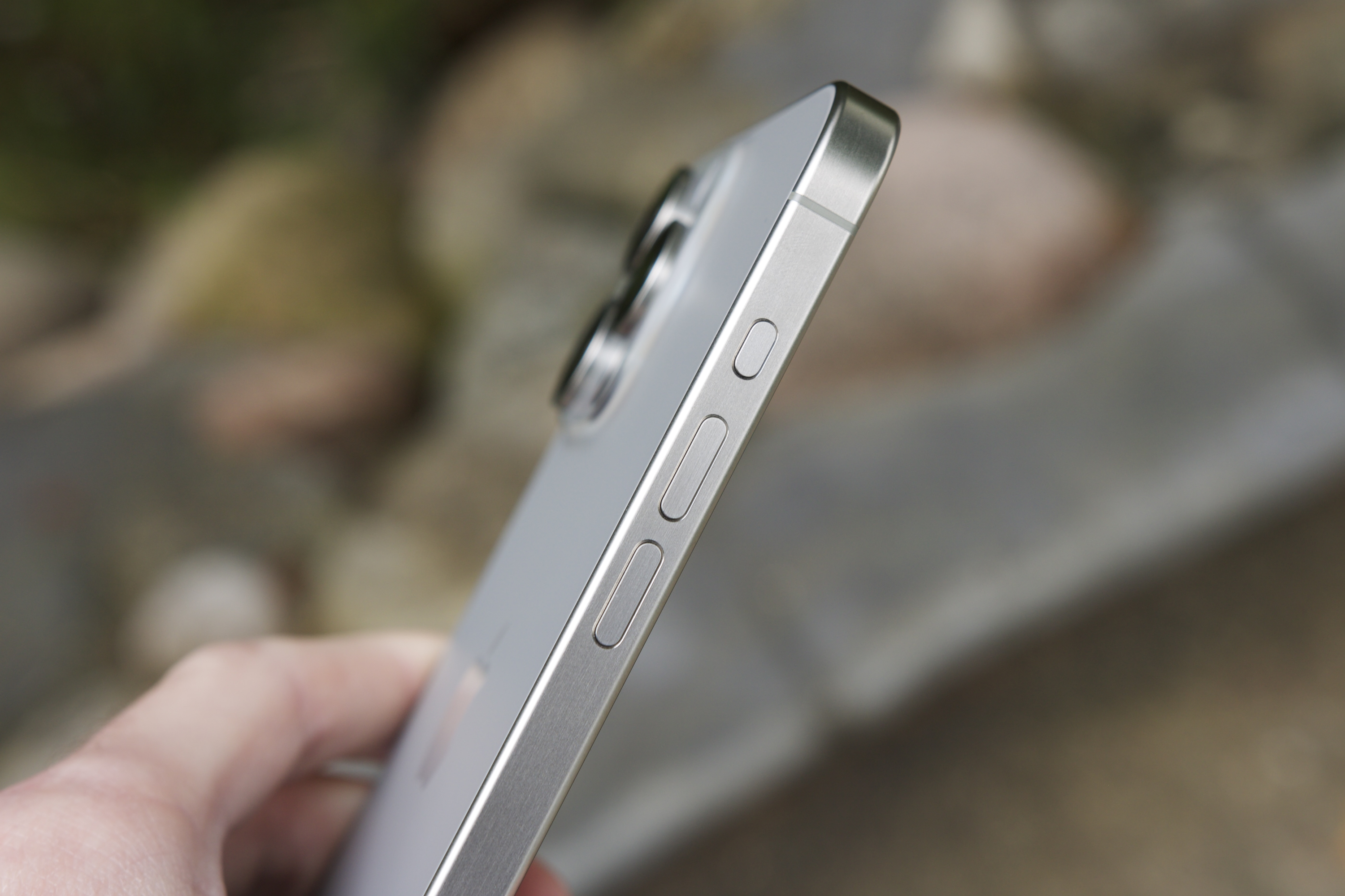 Close-up of the Action button on the iPhone 15 Pro Max.