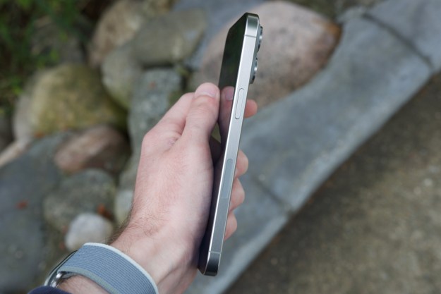 Close-up view of titanium frame on iPhone 15 Pro Max.