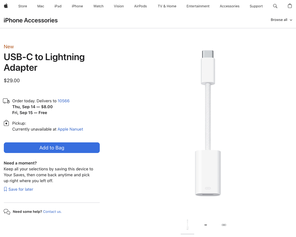 Apple Store listing for an Apple Lightning to USB-C adapter cable.
