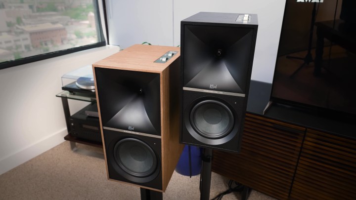 The left channel of both Klipsch The Nines and the Sevens on stands. 