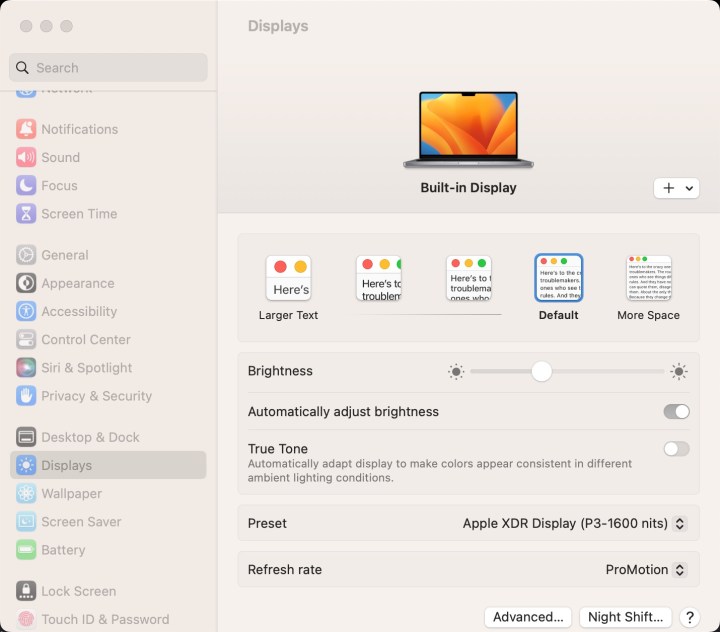 Screenshot di MacOS che mostra le impostazioni di visualizzazione.