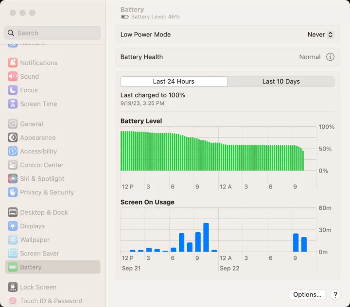 Captura de pantalla de MacOS que muestra la configuración de energía.