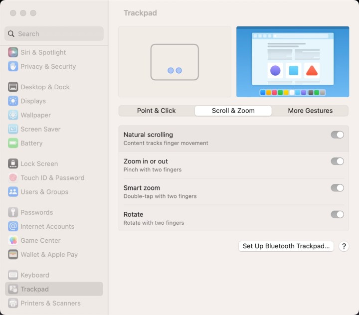 Screenshot di MacOS che mostra le impostazioni del trackpad.