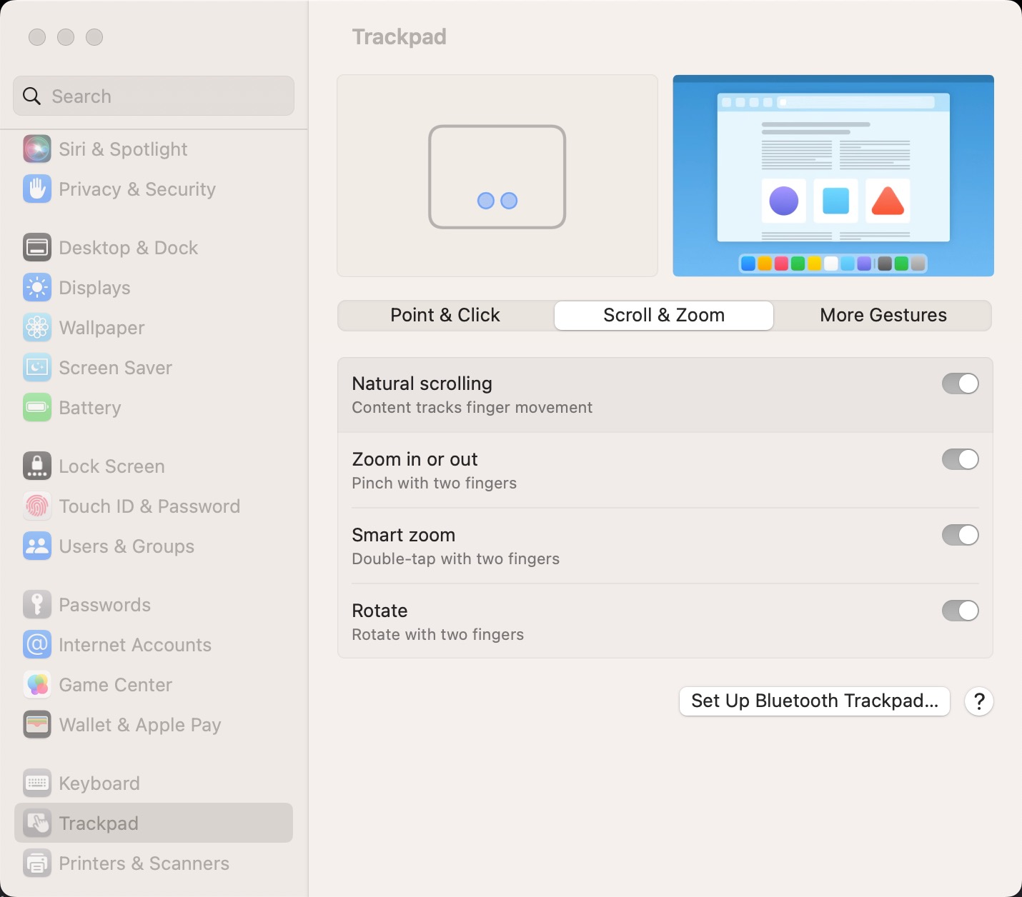 İzleme dörtgeni ayarlarını gösteren MacOS ekran görüntüsü.