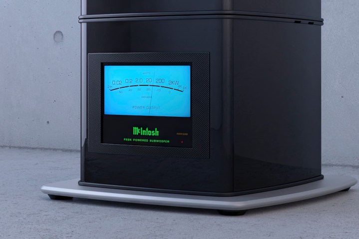 McIntosh PS2K subwoofer front panel with illuminated logo and meter.