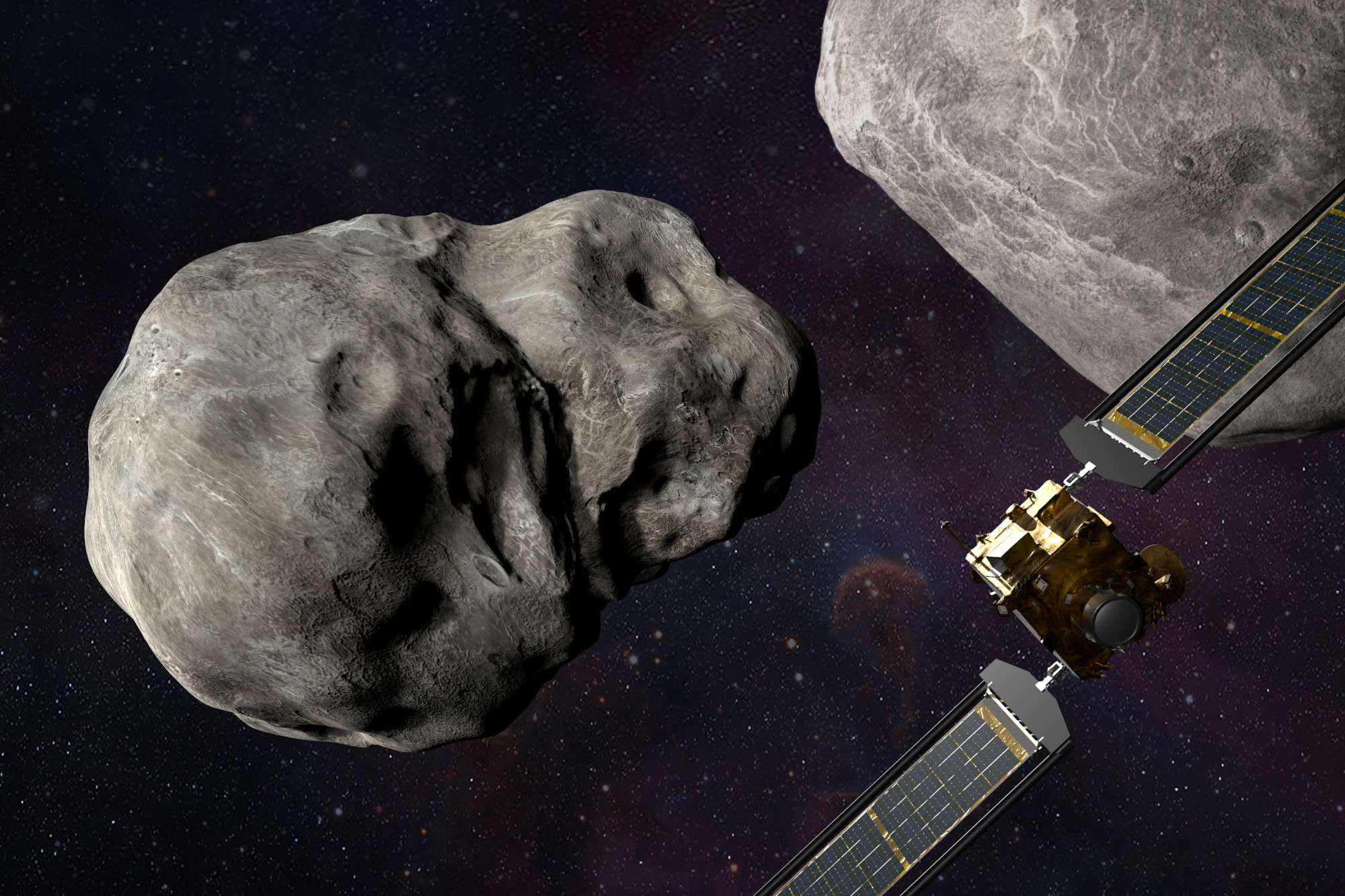 Una ilustración muestra una nave espacial de la misión DART de la NASA acercándose al asteroide que pretendía redirigir.