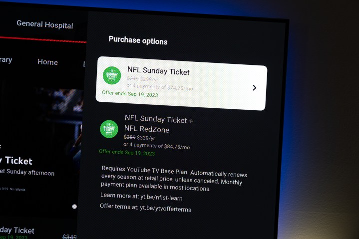 L'écran d'achat de NFL Sunday Ticket sur YouTube TV sur Google TV.