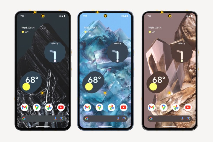 A composite image of the Google Pixel 8 Pro renders from the 360-degree simulator showing the front screen.