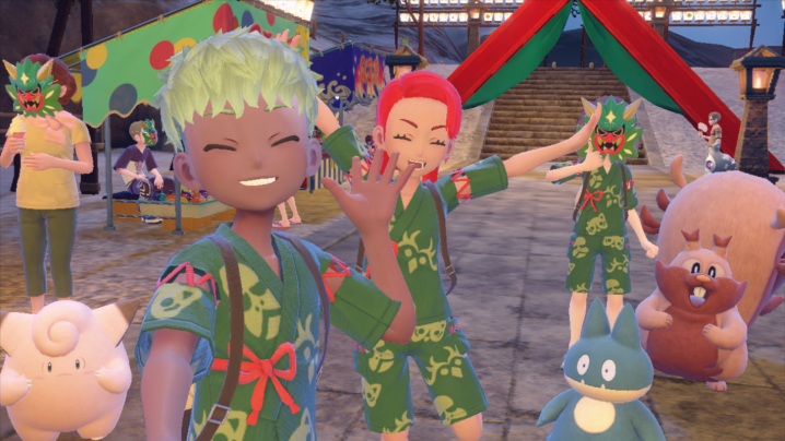 Characters take a selfie together in Pokemon: The Teal Mask.