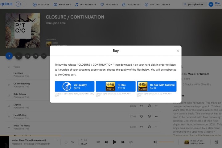 通过 Qobuz 购买音乐时您会看到下载确认提示。