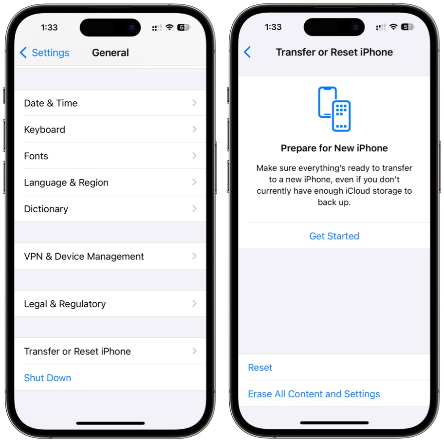 Reset iPhone in the iPhone Settings app