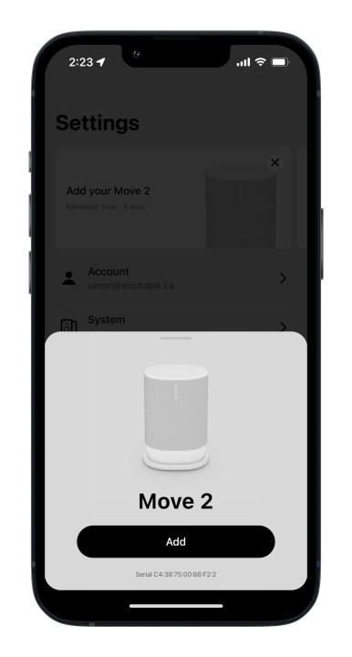 Приложение Sonos для iOS, экран настройки Move 2.