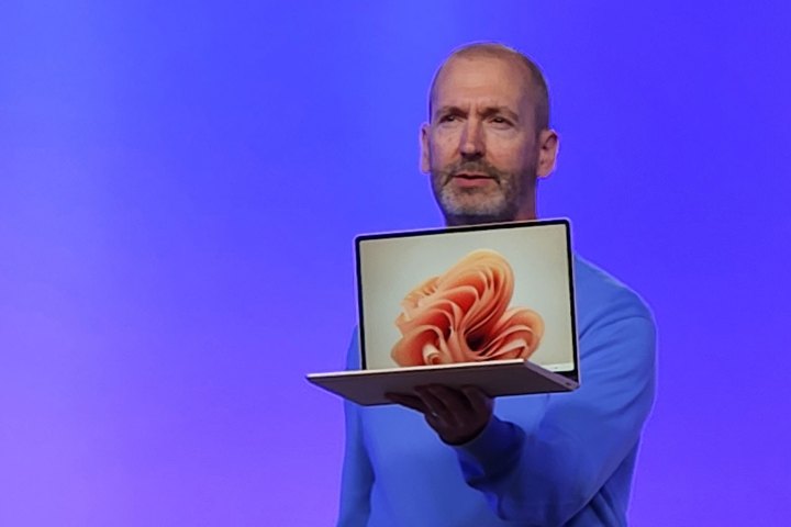 Microsoft showing off the new Surface laptop Go 3 at its September event.
