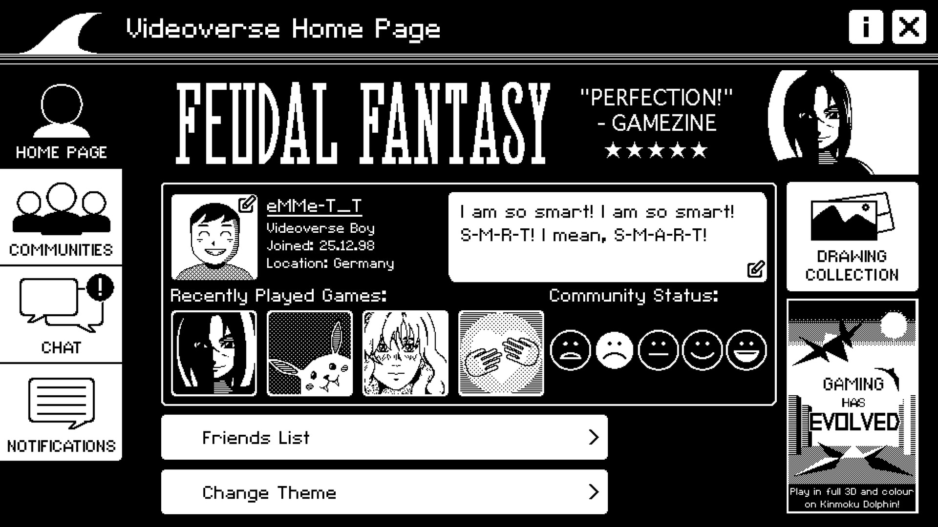 A page for a fictional game called Feudal Fantasy appears in Videoverse.